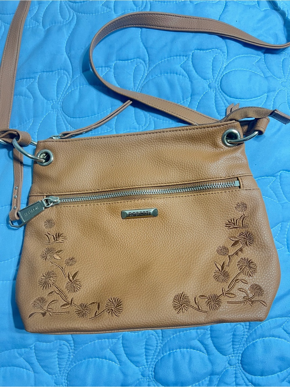 Rosetti Camel Brown Floral-Embossed Crossbody Bag